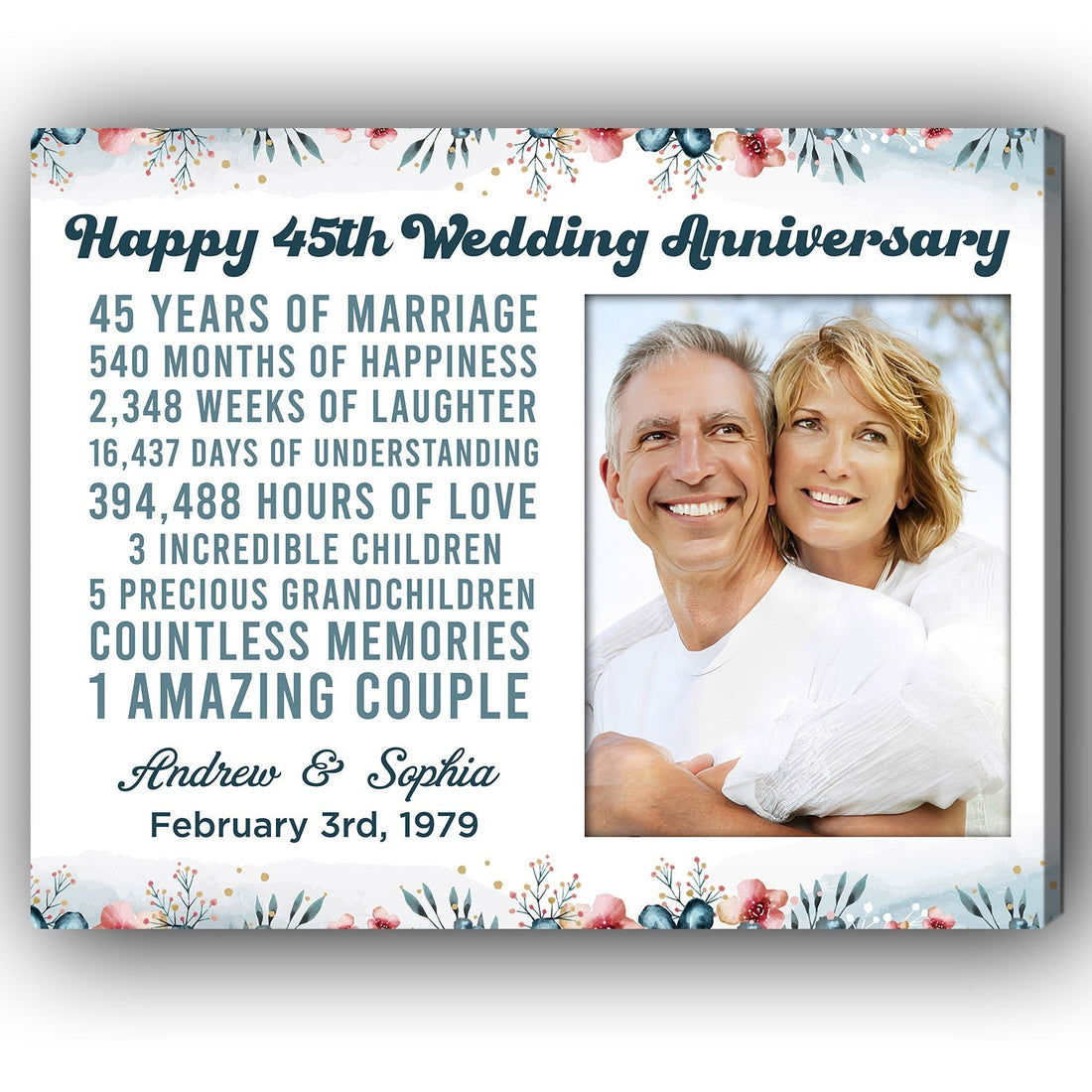 Happy 45th Wedding Anniversary - Personalized 45 Year Anniversary gift For Parents, Husband or Wife - Custom Canvas Print - Elizabeth Fashions