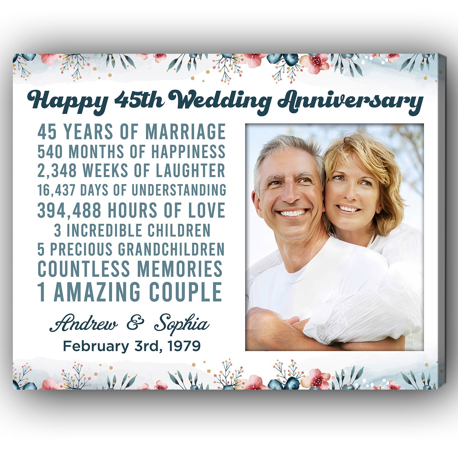 Happy 45th Wedding Anniversary - Personalized 45 Year Anniversary gift For Parents, Husband or Wife - Custom Canvas Print - Elizabeth Fashions