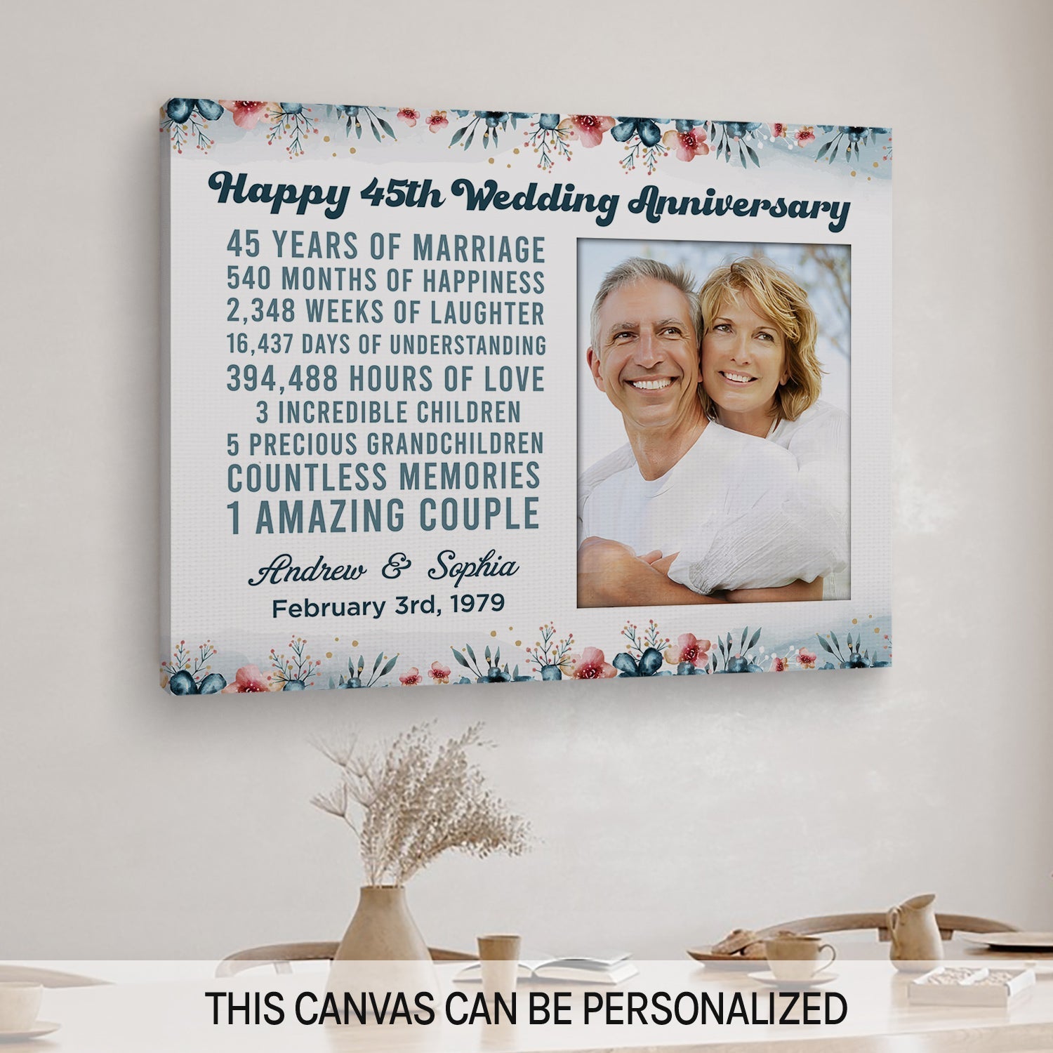 Happy 45th Wedding Anniversary - Personalized 45 Year Anniversary gift For Parents, Husband or Wife - Custom Canvas Print - Elizabeth Fashions