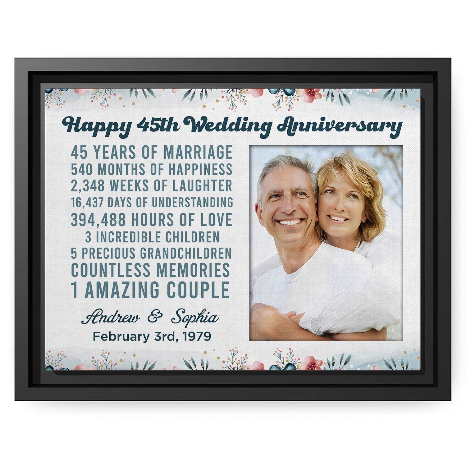 Happy 45th Wedding Anniversary - Personalized 45 Year Anniversary gift For Parents, Husband or Wife - Custom Canvas Print - Elizabeth Fashions