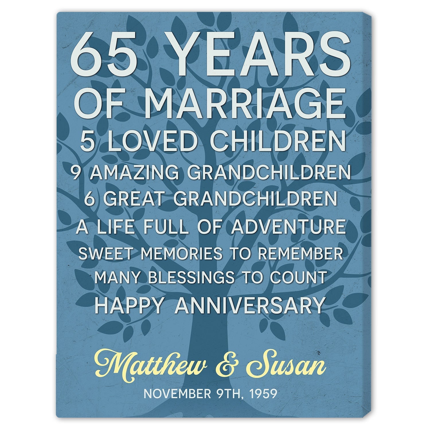 65 Years Of Marriage - Personalized 65 Year Anniversary gift For Parents - Custom Canvas Print - Elizabeth Fashions