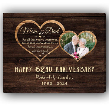Happy 62nd Anniversary - Personalized 62 Year Anniversary gift For Parents - Custom Canvas Print - Elizabeth Fashions
