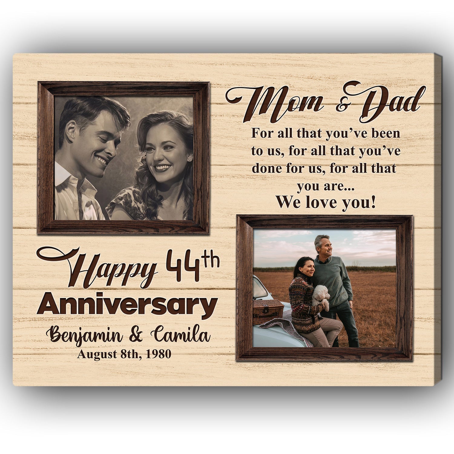 Happy 44th Anniversary - Personalized 44 Year Anniversary gift For Parents - Custom Canvas Print - Elizabeth Fashions