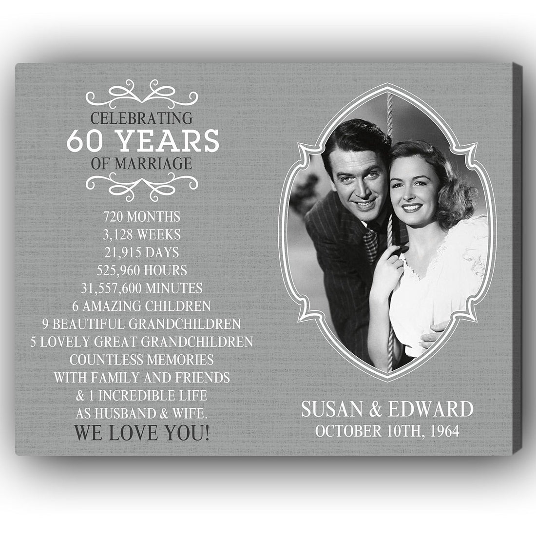 Celebrating 60 Years Of Marriage - Personalized 60 Year Anniversary gift For Parents - Custom Canvas Print - Elizabeth Fashions