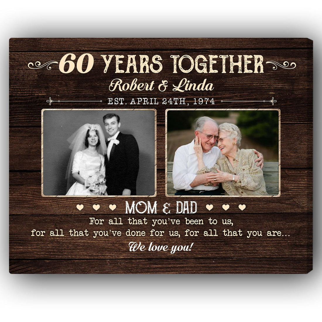 60 Years Together - Personalized 60 Year Anniversary gift For Parents - Custom Canvas Print - Elizabeth Fashions