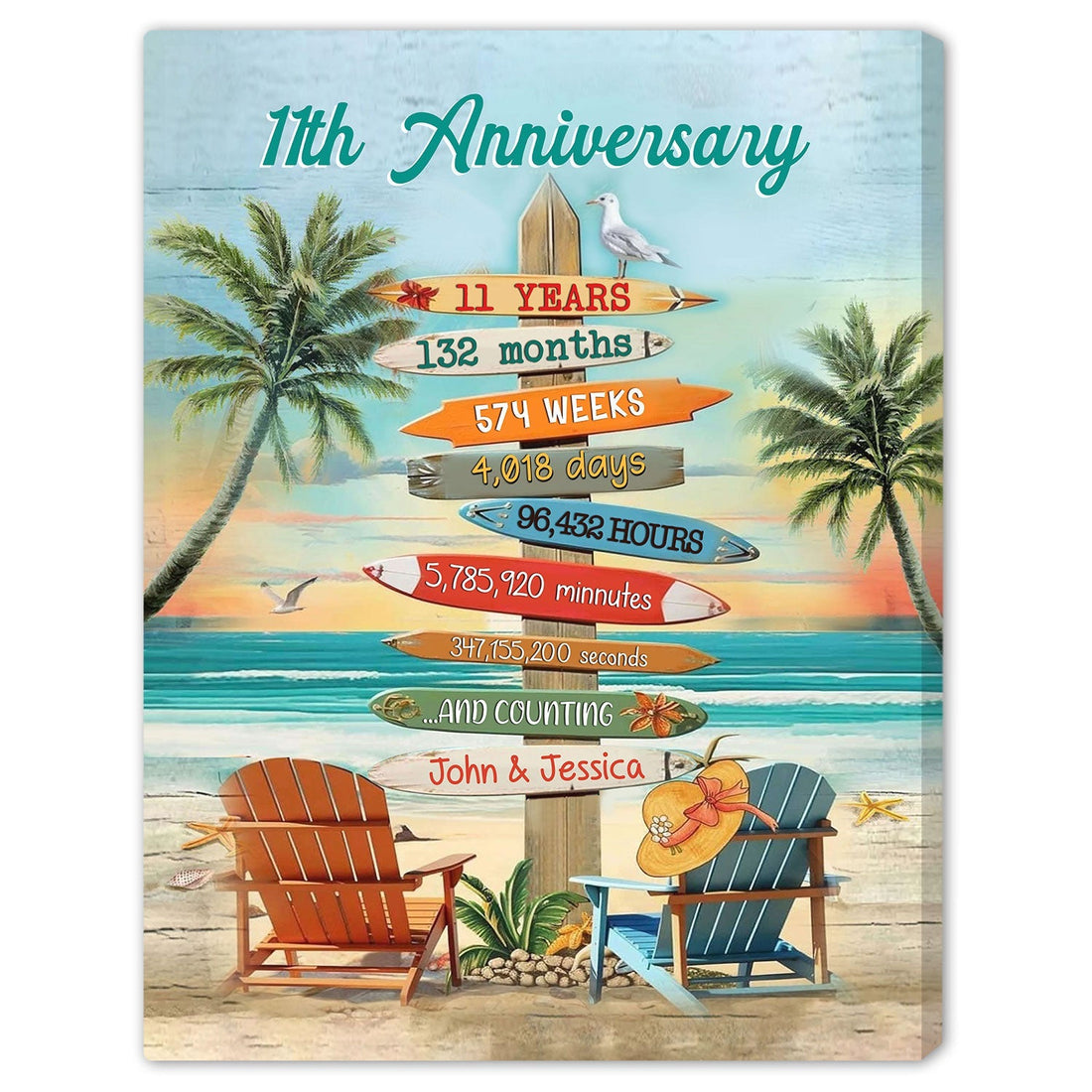 11 Years - Personalized 11 Year Anniversary gift For Husband or Wife - Custom Canvas Print - Elizabeth Fashions
