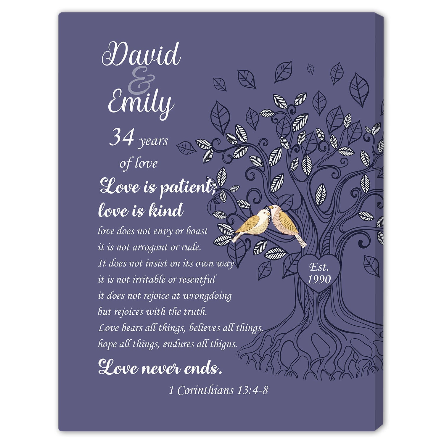 Love Is Patient Love Is Kind - Personalized 34 Year Anniversary gift For Husband or Wife - Custom Canvas Print - Elizabeth Fashions