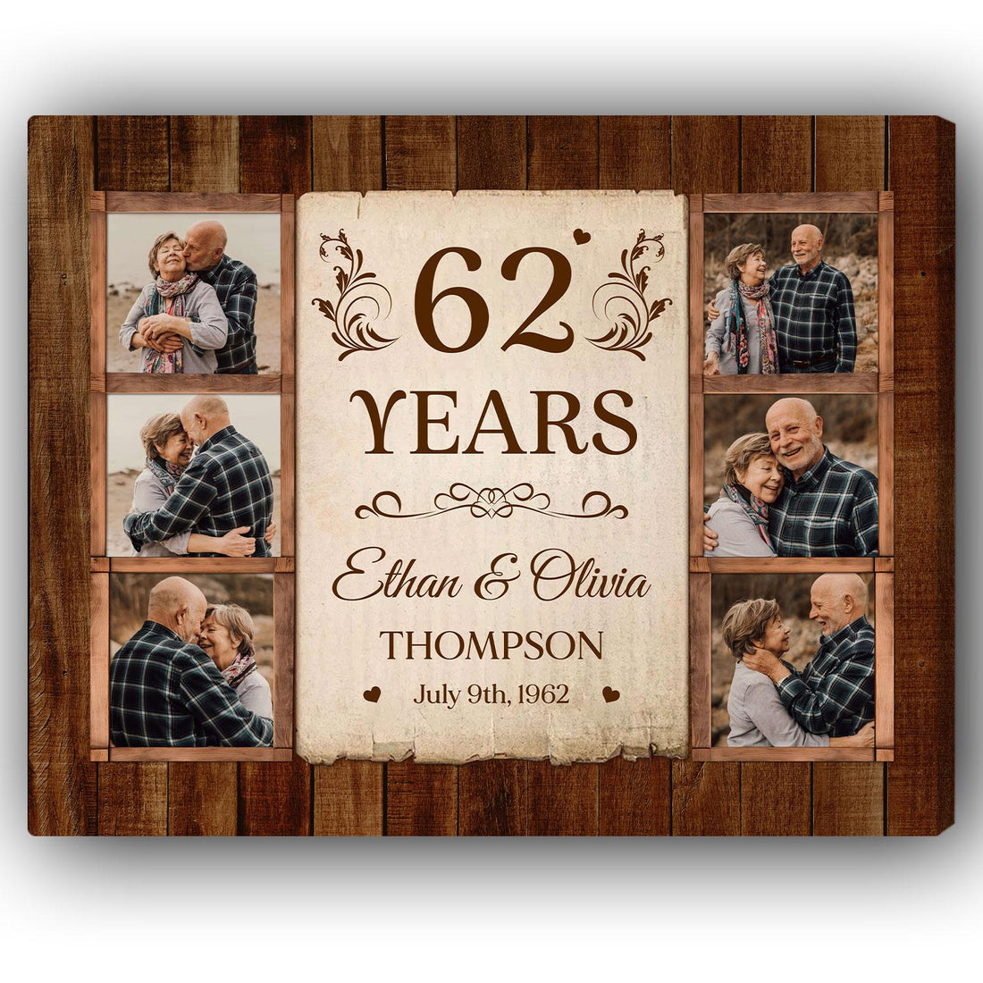 62nd Wedding Anniversary - Personalized 62 Year Anniversary gift For Parents, Husband or Wife - Custom Canvas Print - Elizabeth Fashions
