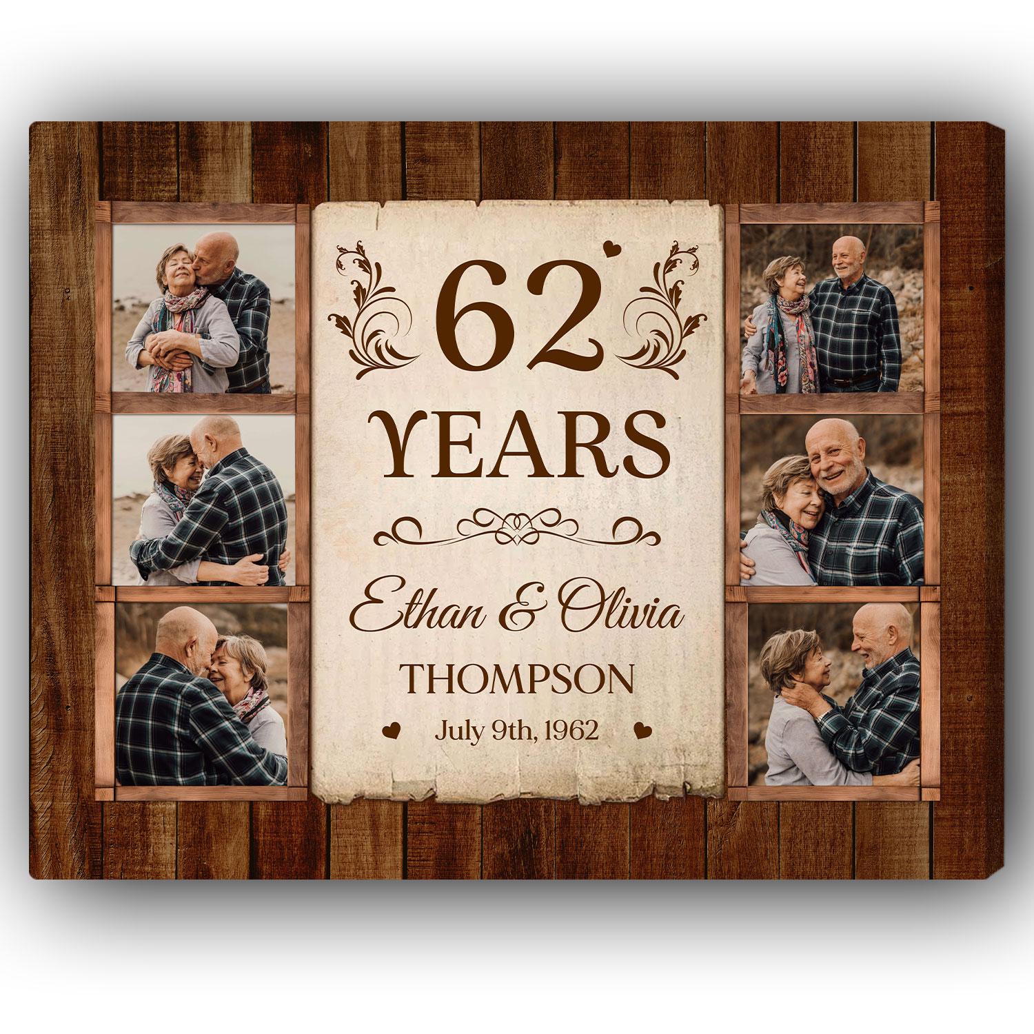 62nd Wedding Anniversary - Personalized 62 Year Anniversary gift For Parents, Husband or Wife - Custom Canvas Print - Elizabeth Fashions