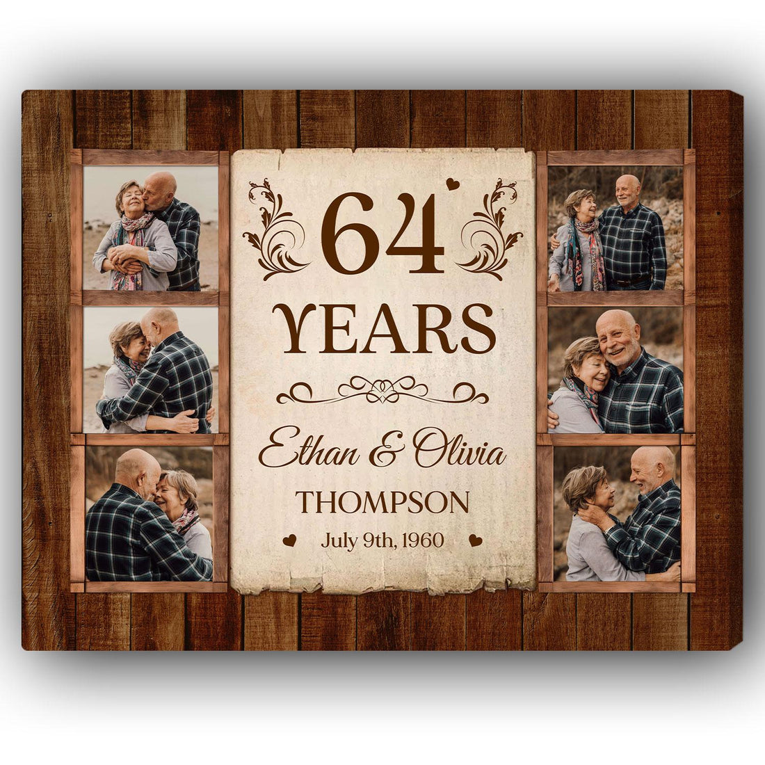 64th Wedding Anniversary - Personalized 64 Year Anniversary gift For Parents, Husband or Wife - Custom Canvas Print - Elizabeth Fashions