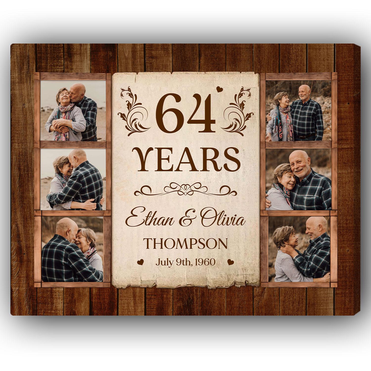 64th Wedding Anniversary - Personalized 64 Year Anniversary gift For Parents, Husband or Wife - Custom Canvas Print - Elizabeth Fashions