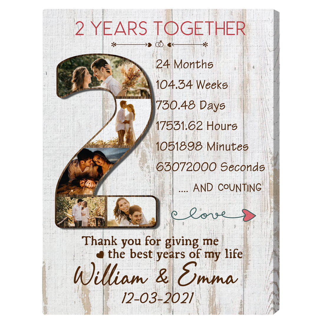 2 Years Together Photo Collage - Personalized Wedding Anniversary Gift For Him For Her - Custom Couple Photo Canvas Print - Elizabeth Fashions