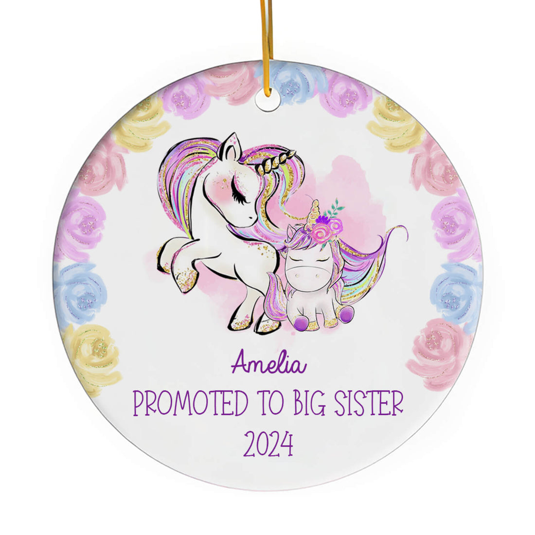 Promoted To Big Sister Unicorn - Personalized gift For Big Sister - Custom Circle Ceramic Ornament - Elizabeth Fashions