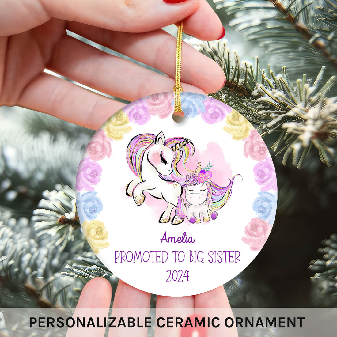 Promoted To Big Sister Unicorn - Personalized gift For Big Sister - Custom Circle Ceramic Ornament - Elizabeth Fashions