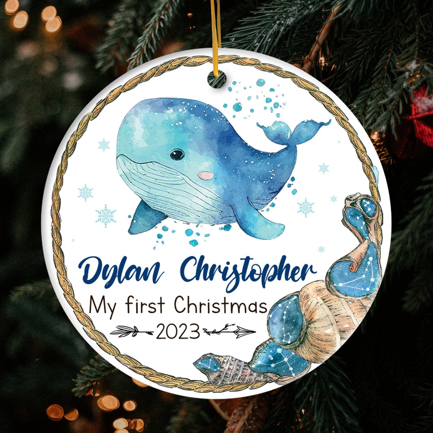 Baby's First Christmas Whale - Personalized First Christmas gift for Baby - Custom Circle Ceramic Ornament - Elizabeth Fashions
