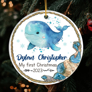 Baby's First Christmas Whale - Personalized First Christmas gift for Baby - Custom Circle Ceramic Ornament - Elizabeth Fashions