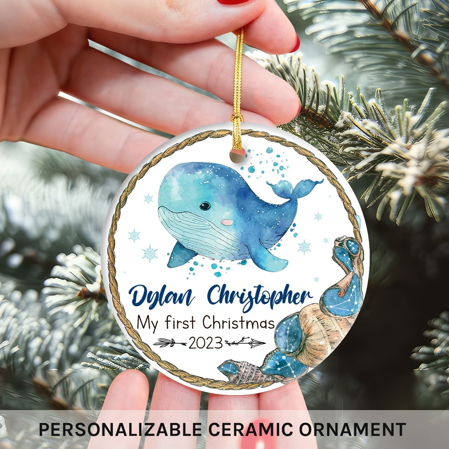 Baby's First Christmas Whale - Personalized First Christmas gift for Baby - Custom Circle Ceramic Ornament - Elizabeth Fashions