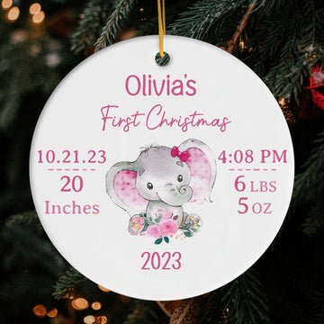Baby's First Christmas Elephant - Personalized First Christmas gift for Baby - Custom Circle Ceramic Ornament - Elizabeth Fashions