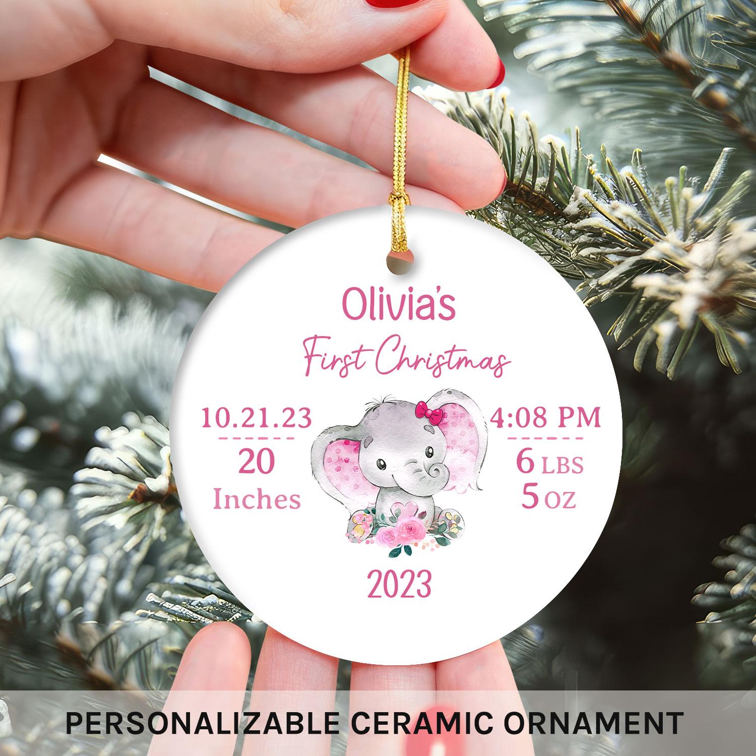 Baby's First Christmas Elephant - Personalized First Christmas gift for Baby - Custom Circle Ceramic Ornament - Elizabeth Fashions