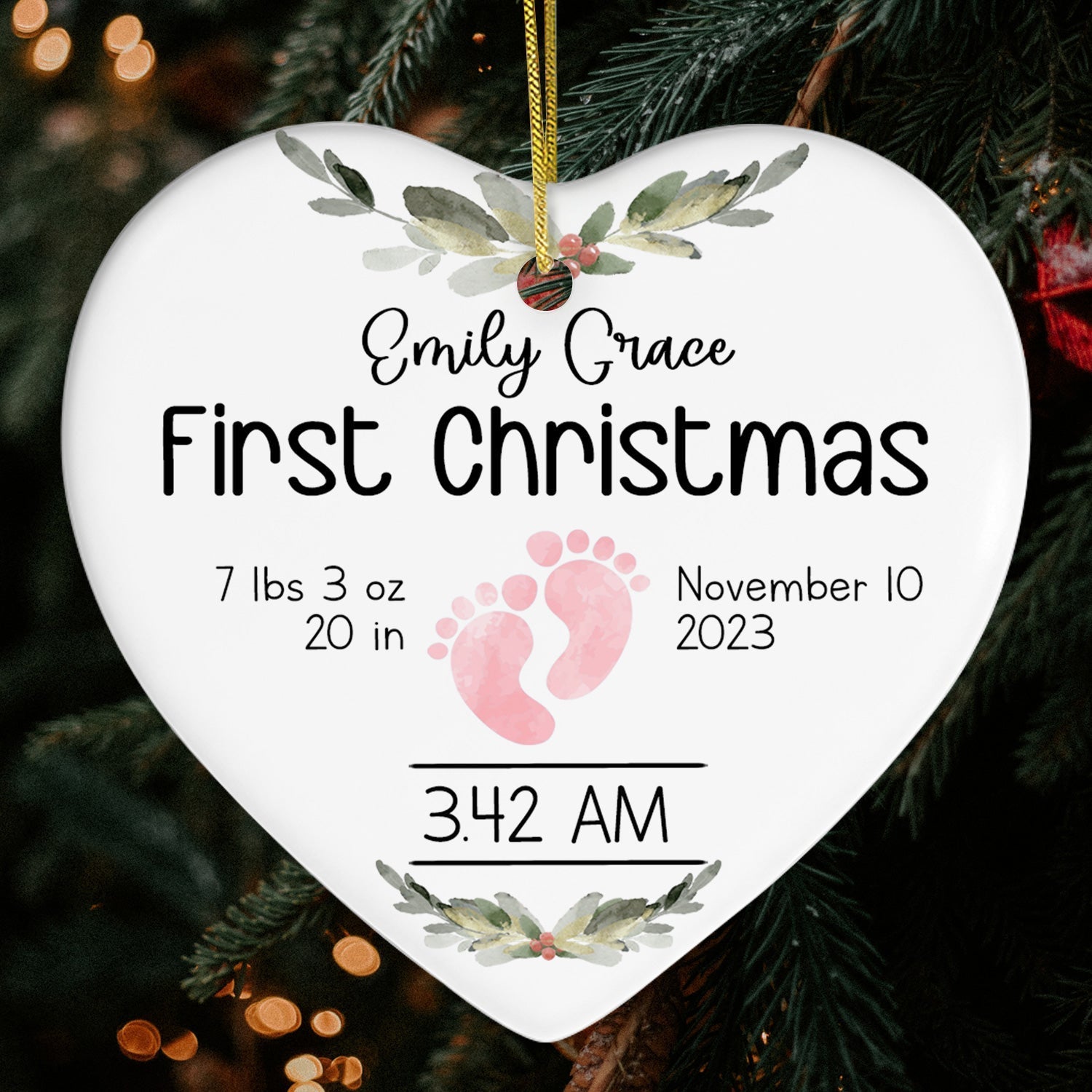 Newborn Birth Stats - Personalized First Christmas gift for Baby - Custom Heart Ceramic Ornament - Elizabeth Fashions