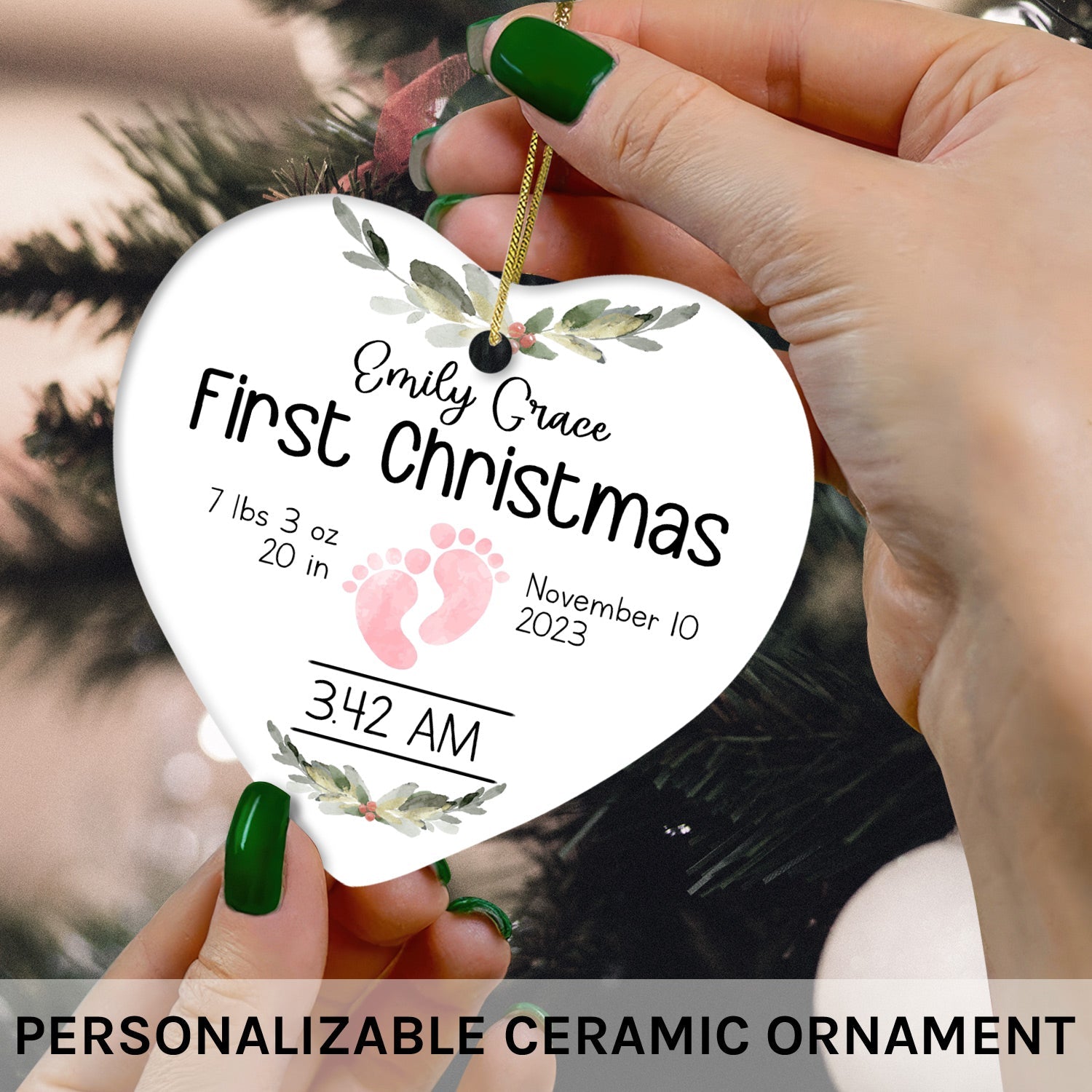 Newborn Birth Stats - Personalized First Christmas gift for Baby - Custom Heart Ceramic Ornament - Elizabeth Fashions