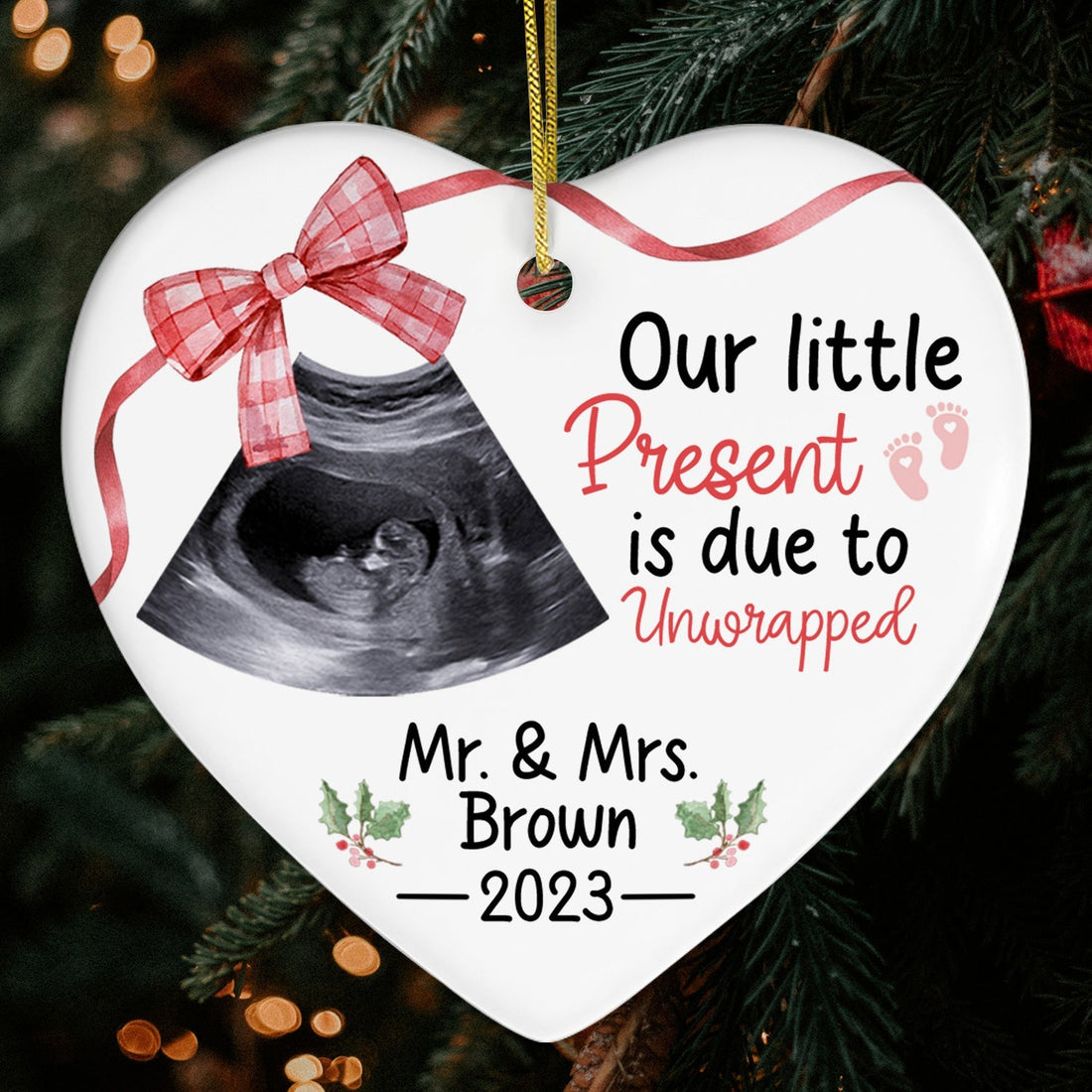 Our Little Present - Personalized Christmas Pregnancy Announcement gift For Family From Parents To Be - Custom Heart Ceramic Ornament - Elizabeth Fashions