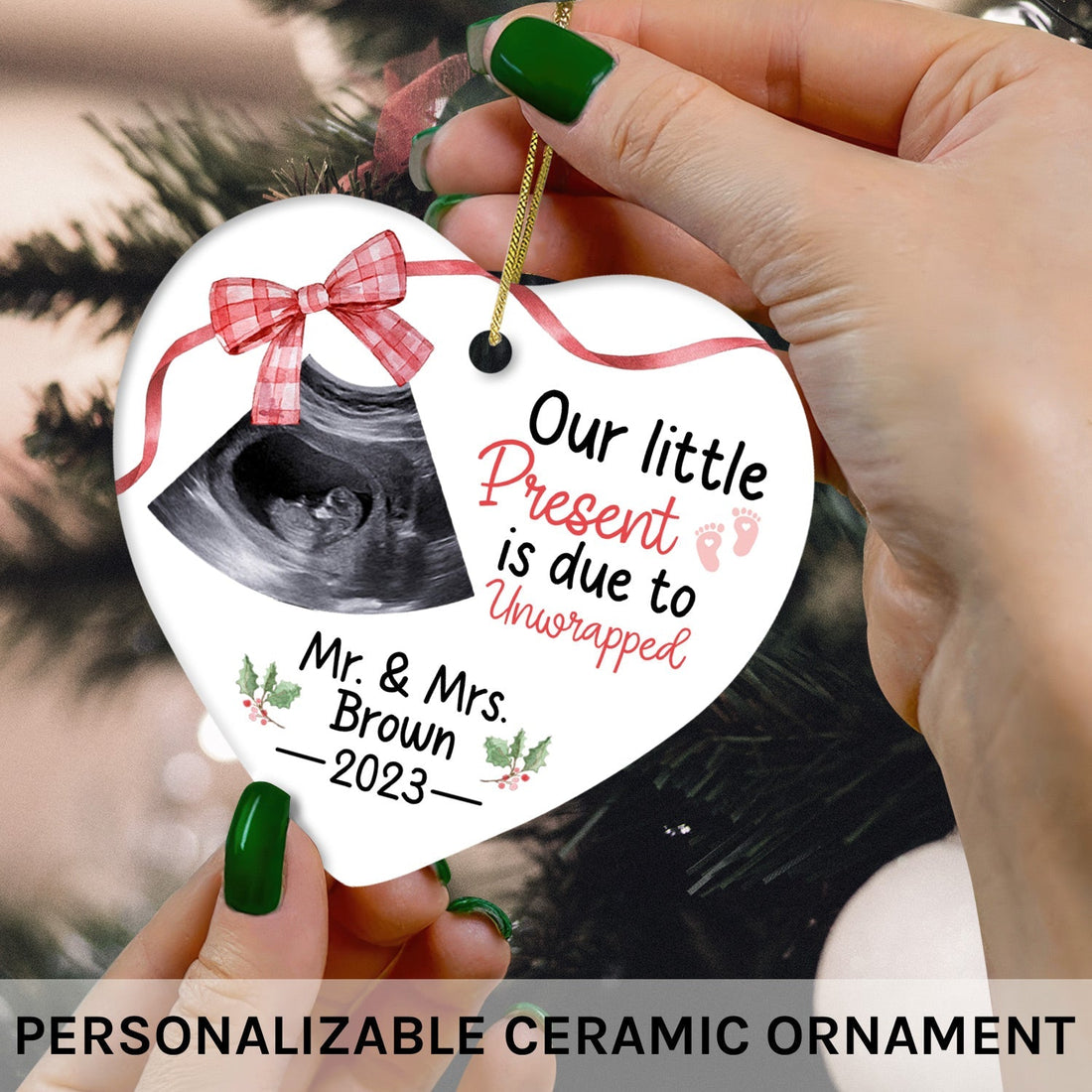 Our Little Present - Personalized Christmas Pregnancy Announcement gift For Family From Parents To Be - Custom Heart Ceramic Ornament - Elizabeth Fashions