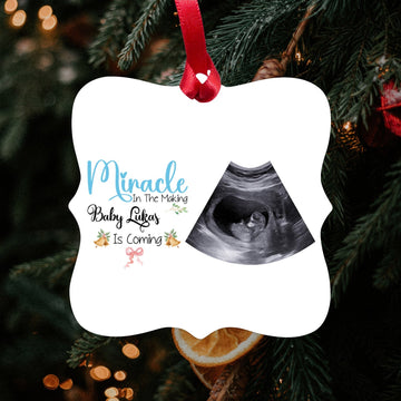 Miracle In The Making Baby Is Coming - Personalized Christmas Pregnancy Announcement gift for Dad and Mom to Be - Custom Square Aluminum Ornament - Elizabeth Fashions