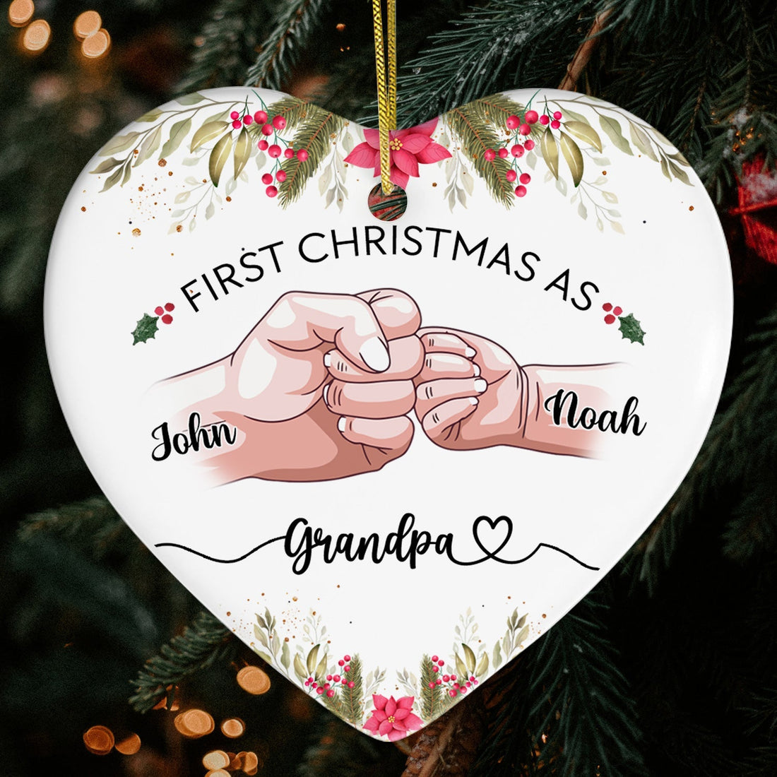 First Christmas As Grandpa - Personalized First Christmas gift for Grandpa - Custom Heart Ceramic Ornament - Elizabeth Fashions