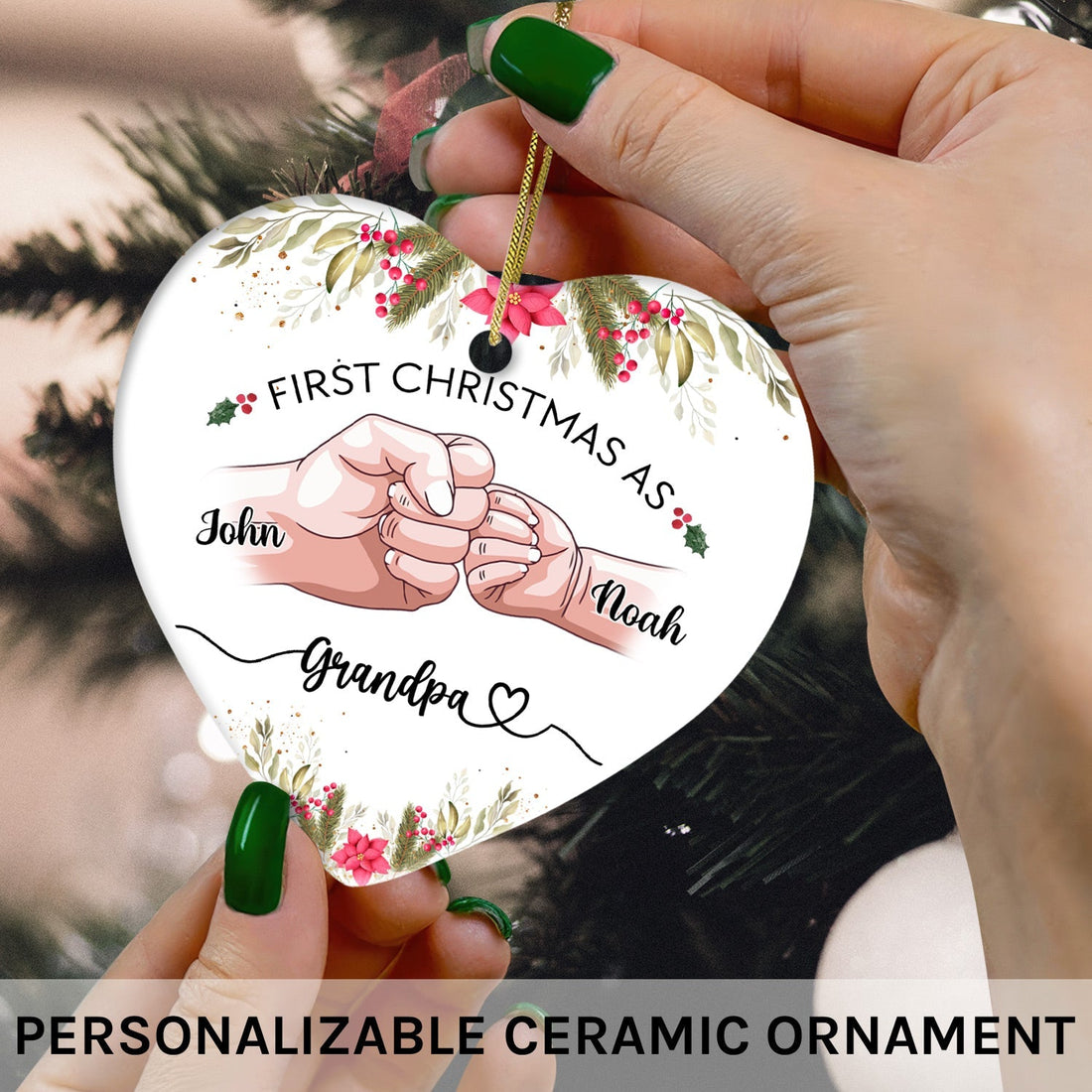 First Christmas As Grandpa - Personalized First Christmas gift for Grandpa - Custom Heart Ceramic Ornament - Elizabeth Fashions