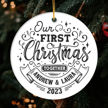 Our First Christmas Bauble - Personalized First Christmas gift for Husband or Wife - Custom Circle Ceramic Ornament - Elizabeth Fashions