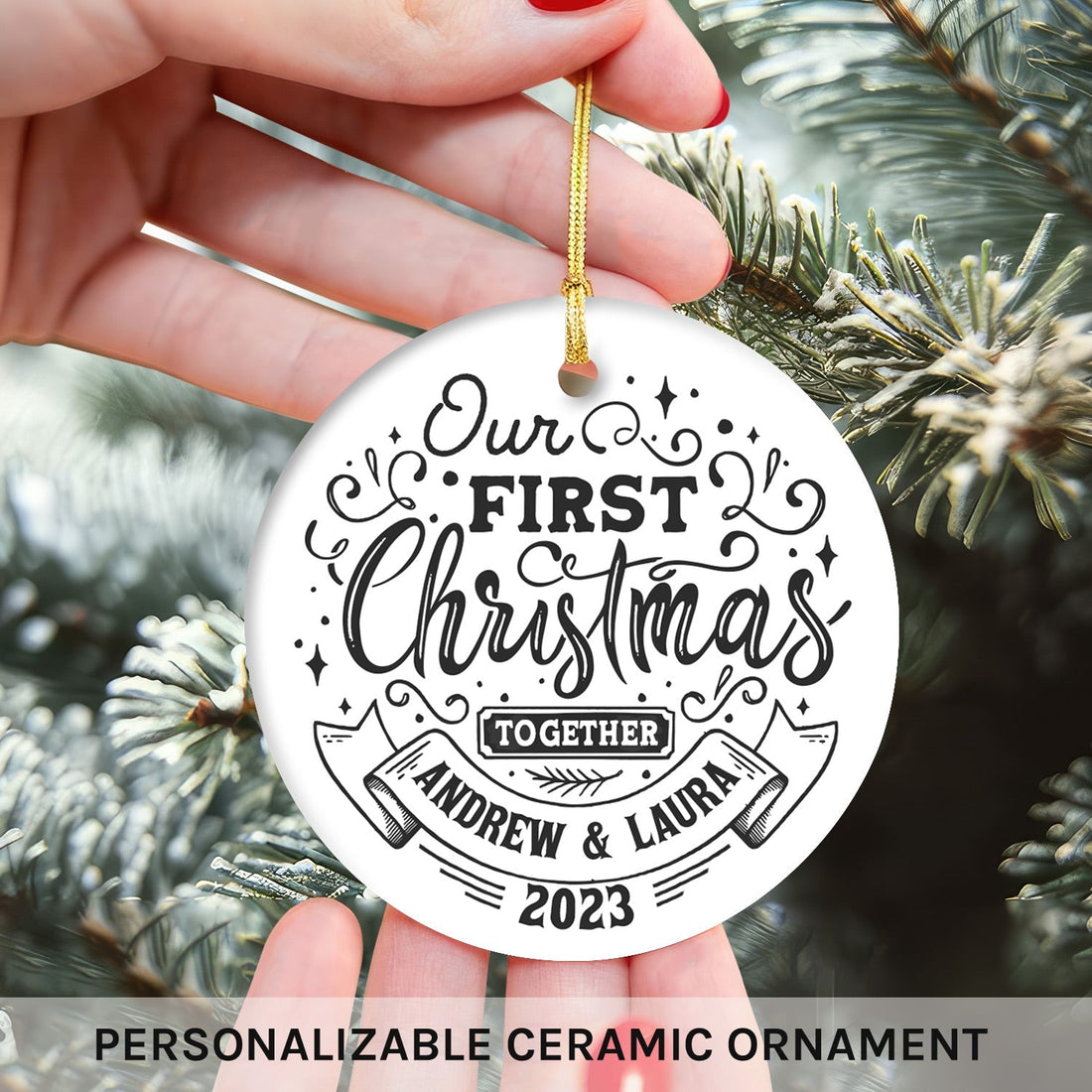 Our First Christmas Bauble - Personalized First Christmas gift for Husband or Wife - Custom Circle Ceramic Ornament - Elizabeth Fashions