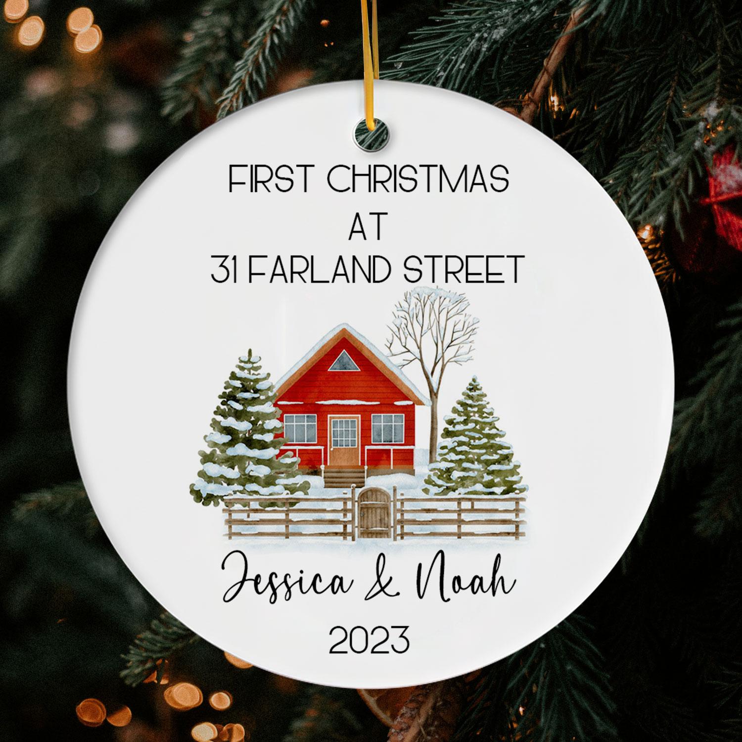 First Christmas At - Personalized First Christmas gift for Husband or Wife - Custom Circle Ceramic Ornament - Elizabeth Fashions