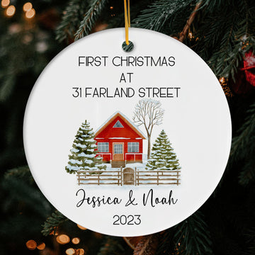 First Christmas At - Personalized First Christmas gift for Husband or Wife - Custom Circle Ceramic Ornament - Elizabeth Fashions