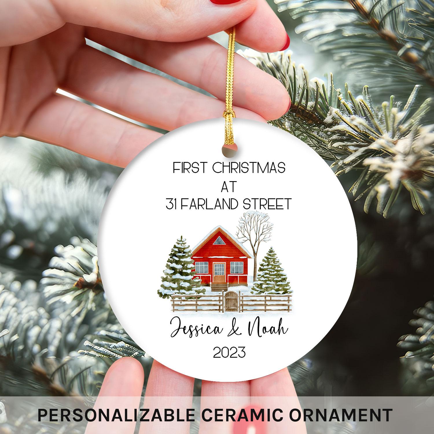 First Christmas At - Personalized First Christmas gift for Husband or Wife - Custom Circle Ceramic Ornament - Elizabeth Fashions
