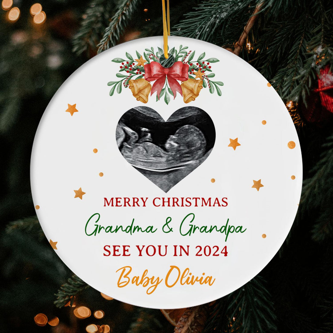 Merry Christmas Grandma & Grandpa - Personalized First Christmas gift for Grandparents - Custom Circle Ceramic Ornament - Elizabeth Fashions