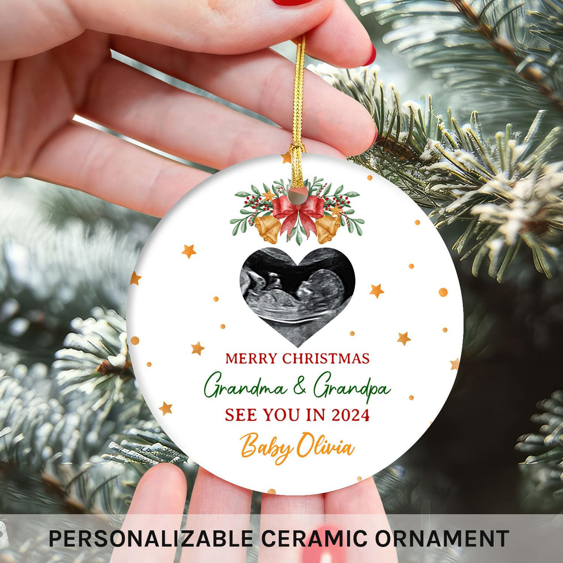 Merry Christmas Grandma & Grandpa - Personalized First Christmas gift for Grandparents - Custom Circle Ceramic Ornament - Elizabeth Fashions