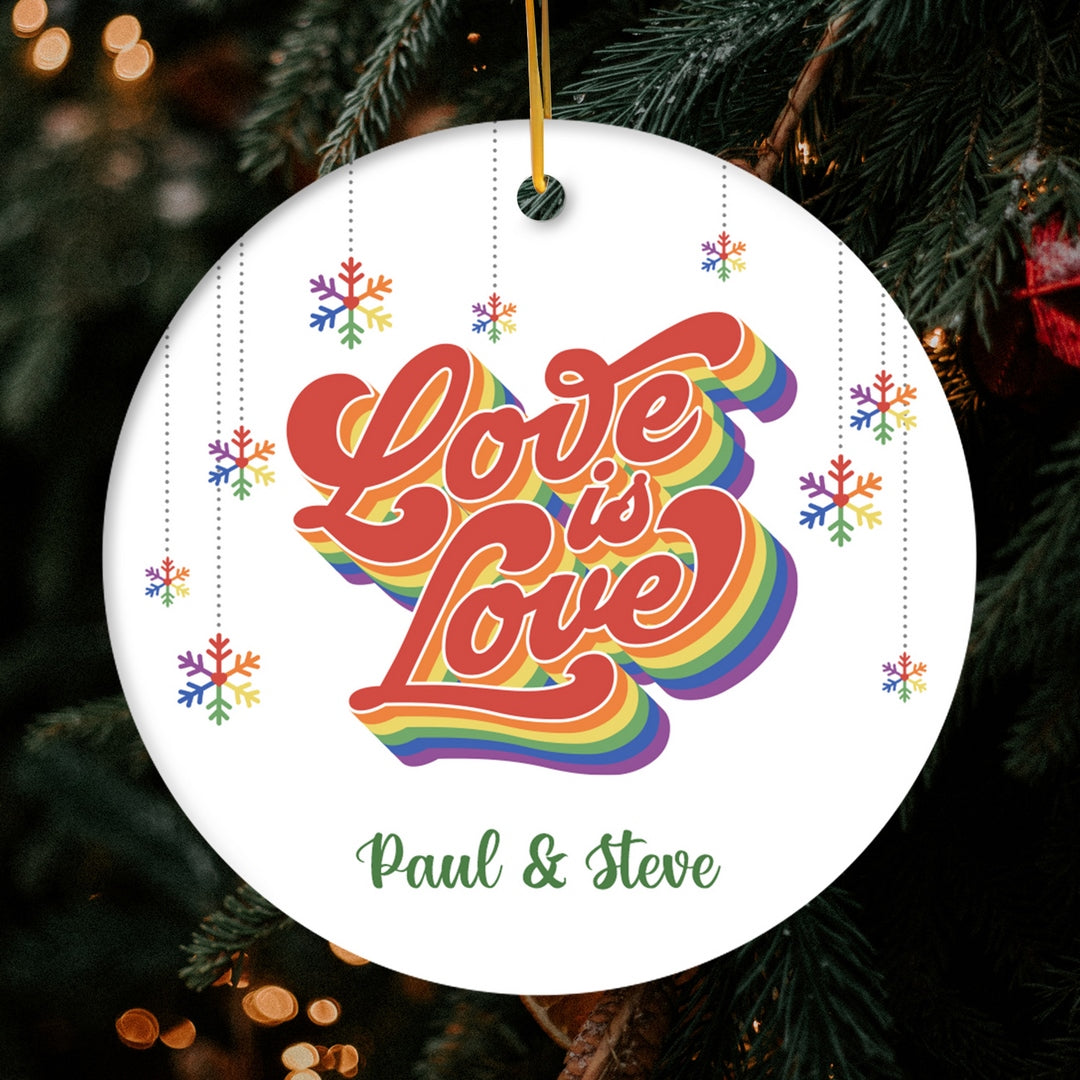 Love Is Love - Personalized Christmas gift for LGBT Couple - Custom Circle Ceramic Ornament - Elizabeth Fashions