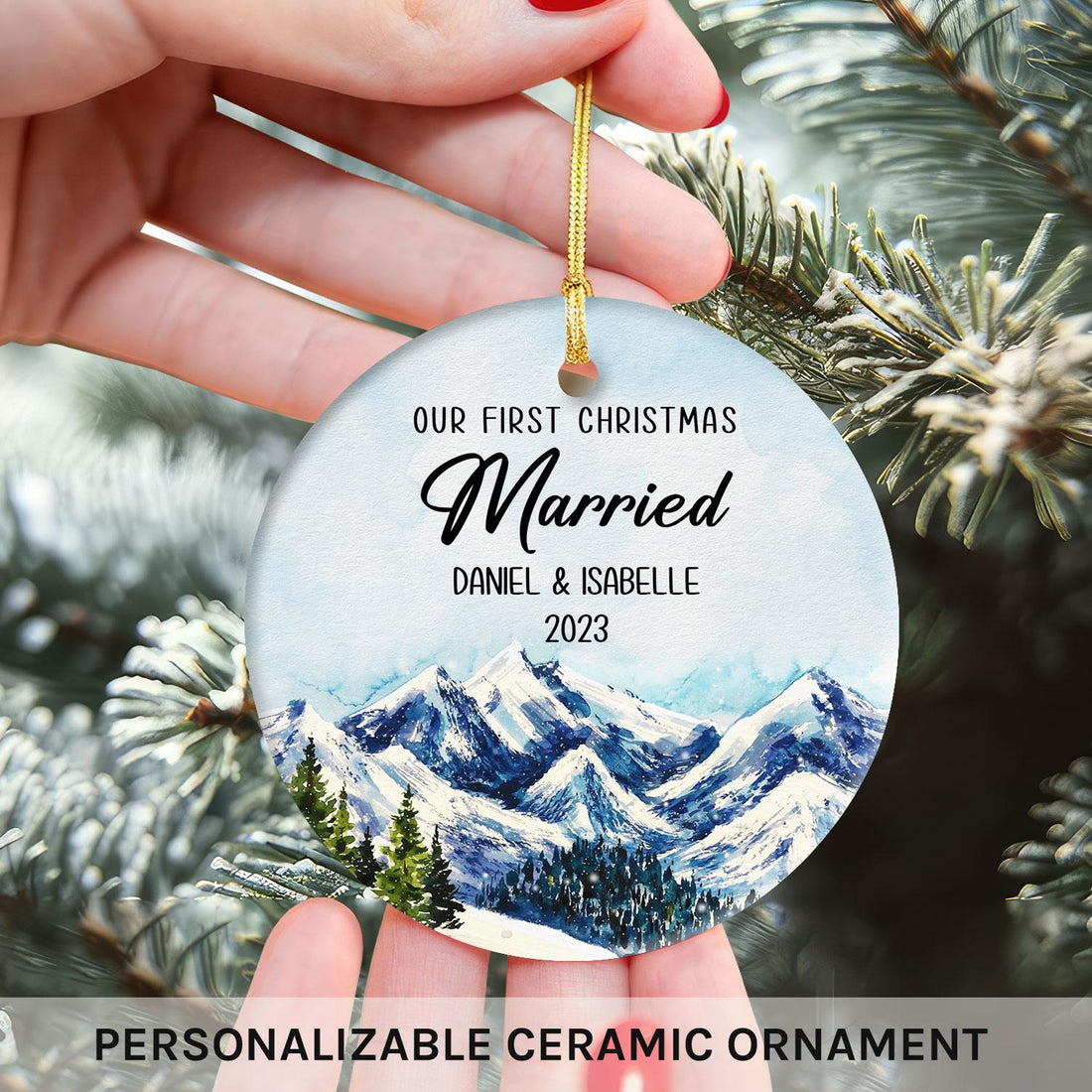 Moutainous Ornament - Personalized First Christmas Maried gift for Husband or Wife - Custom Circle Ceramic Ornament - Elizabeth Fashions