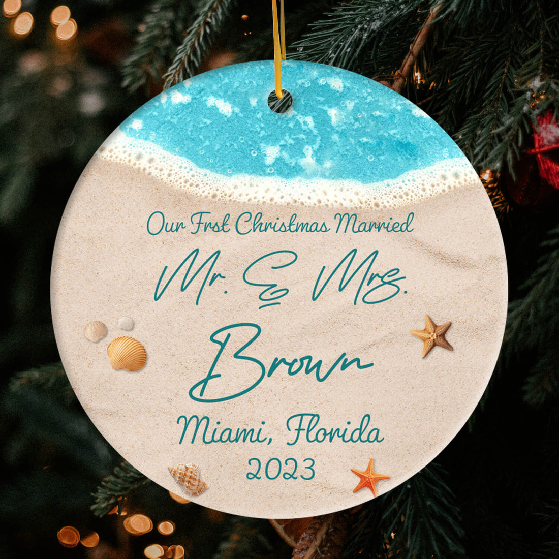 Beach Ornament - Personalized First Christmas Married gift for Husband or Wife - Custom Circle Ceramic Ornament - Elizabeth Fashions