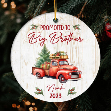 Promoted To Big Brother - Personalized First Christmas gift for New Brother - Custom Circle Ceramic Ornament - Elizabeth Fashions