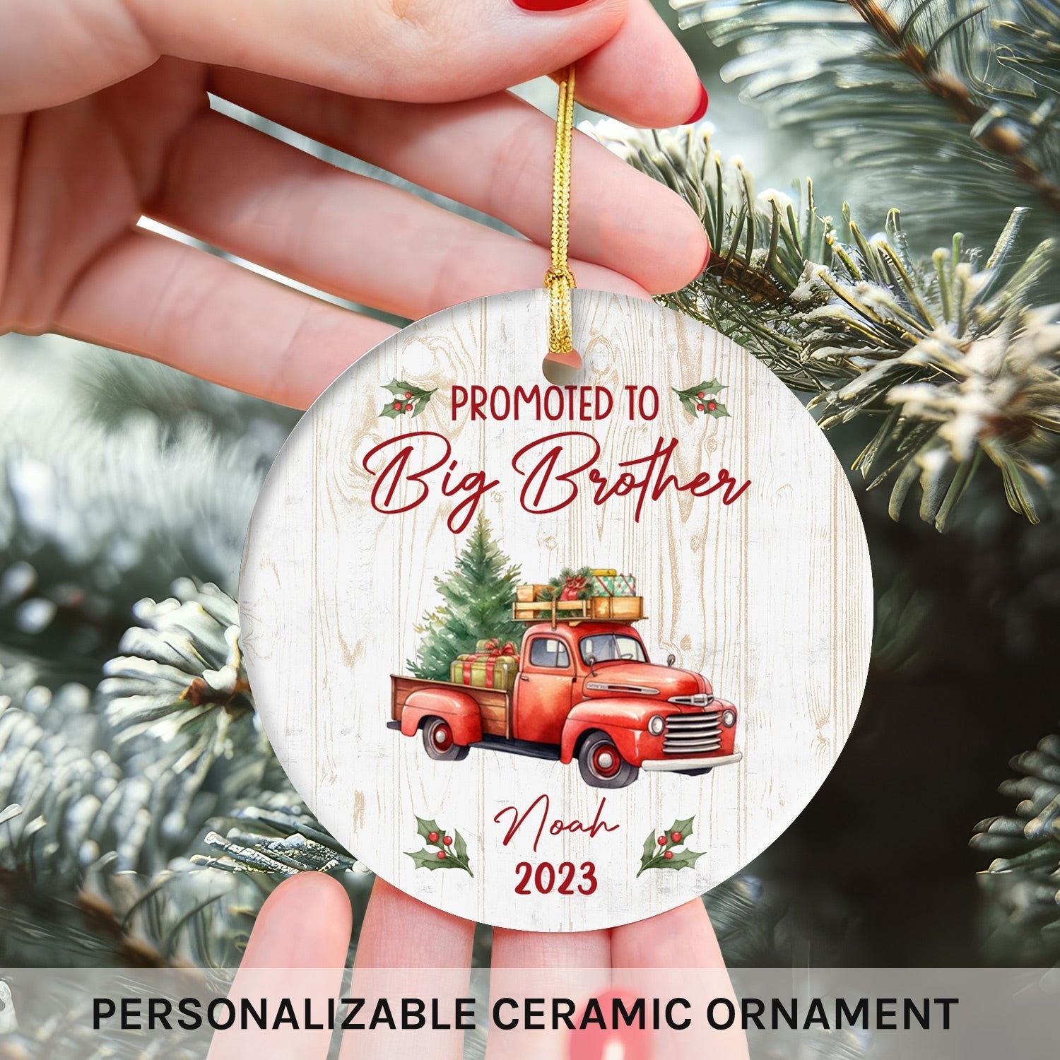 Promoted To Big Brother - Personalized First Christmas gift for New Brother - Custom Circle Ceramic Ornament - Elizabeth Fashions