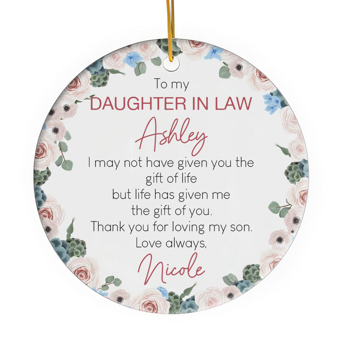To My Daughter In Law - Personalized Birthday or Christmas gift for Daughter In Law - Custom Circle Ceramic Ornament - Elizabeth Fashions