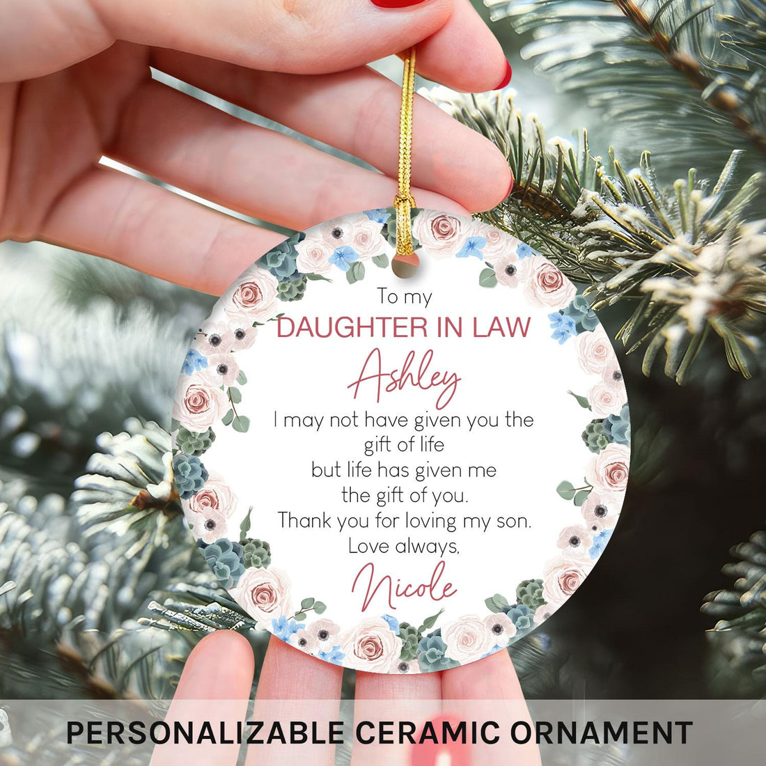 To My Daughter In Law - Personalized Birthday or Christmas gift for Daughter In Law - Custom Circle Ceramic Ornament - Elizabeth Fashions