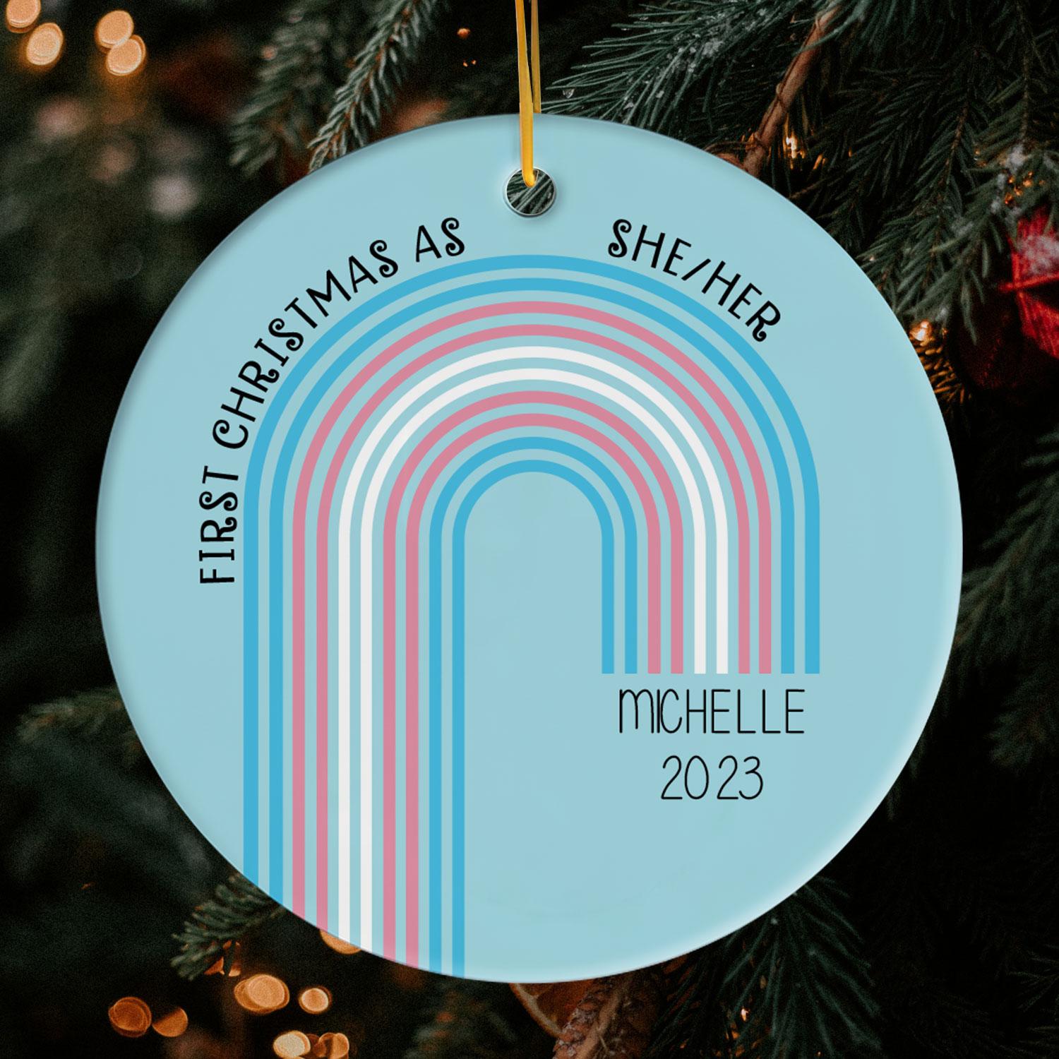 Transgender First Christmas - Personalized First Christmas gift for Transgender - Custom Circle Ceramic Ornament - Elizabeth Fashions