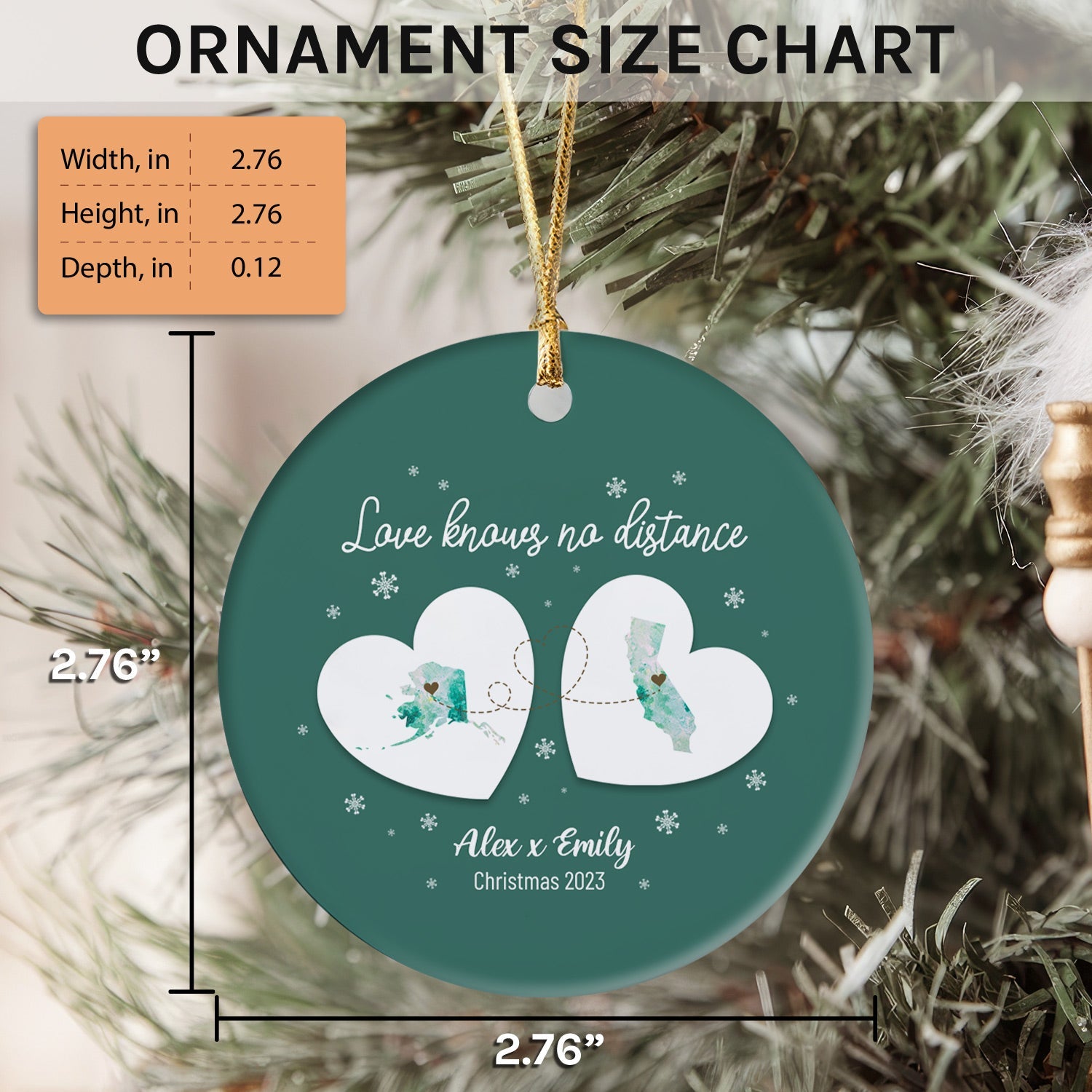 Love Knows No Distance Heart Shaped - Personalized Christmas gift For Couple, For Family, For Friends - Custom Circle Ceramic Ornament - Elizabeth Fashions