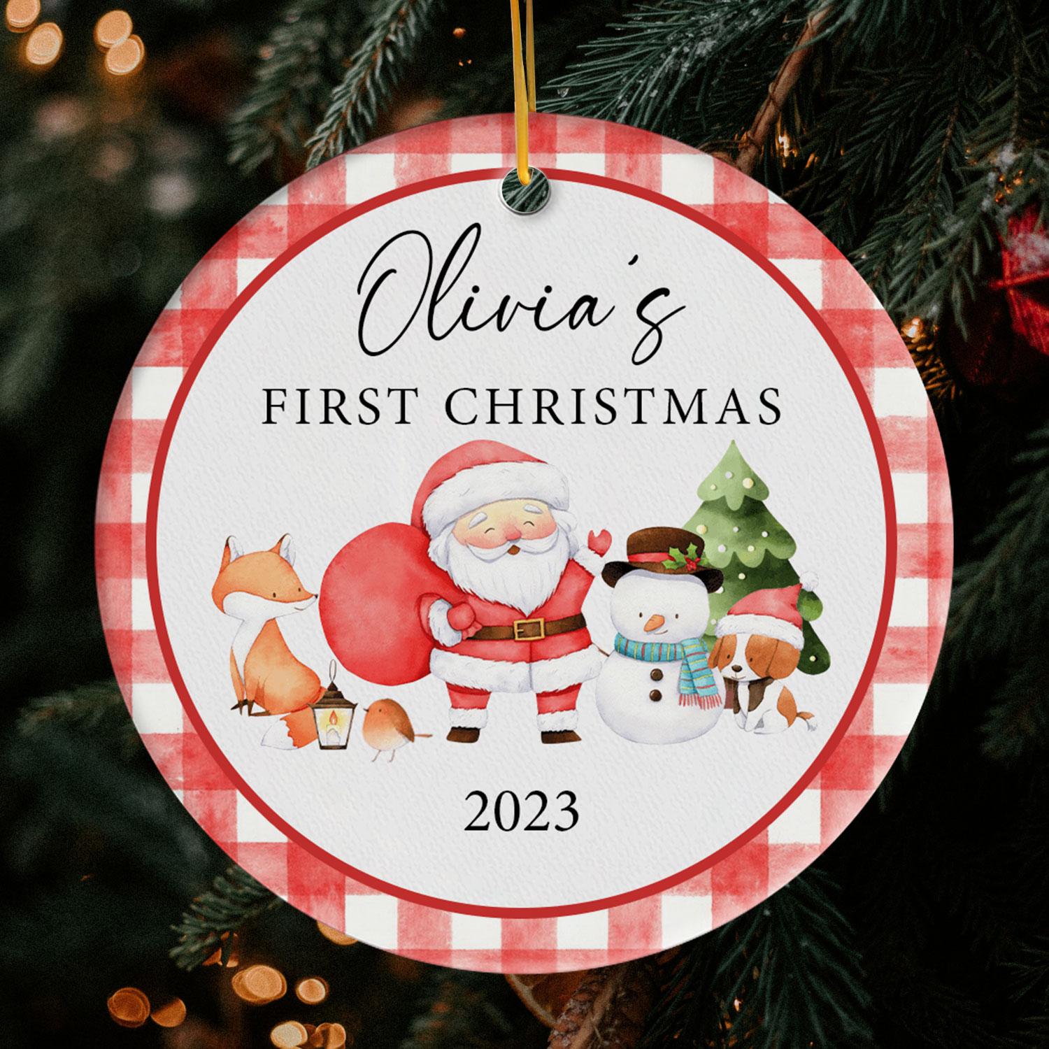Baby's First Christmas Santa - Personalized First Christmas gift For Baby - Custom Circle Ceramic Ornament - Elizabeth Fashions