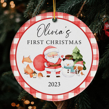 Baby's First Christmas Santa - Personalized First Christmas gift For Baby - Custom Circle Ceramic Ornament - Elizabeth Fashions
