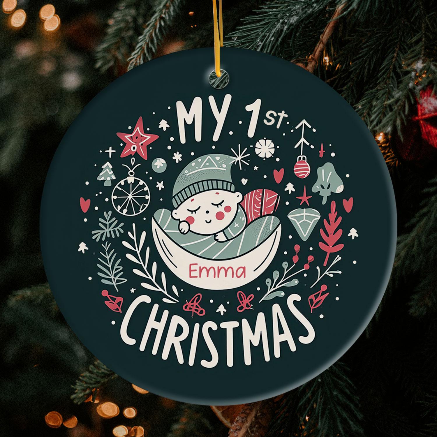 My 1st Christmas - Personalized First Christmas gift For Baby - Custom Circle Ceramic Ornament - Elizabeth Fashions