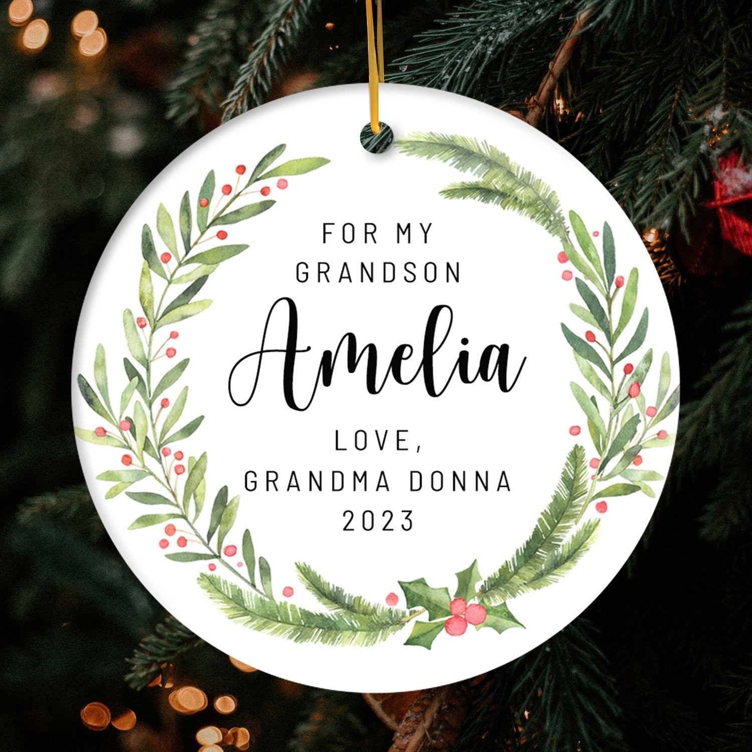 For My Grandson - Personalized Christmas gift For Grandson - Custom Circle Ceramic Ornament - Elizabeth Fashions
